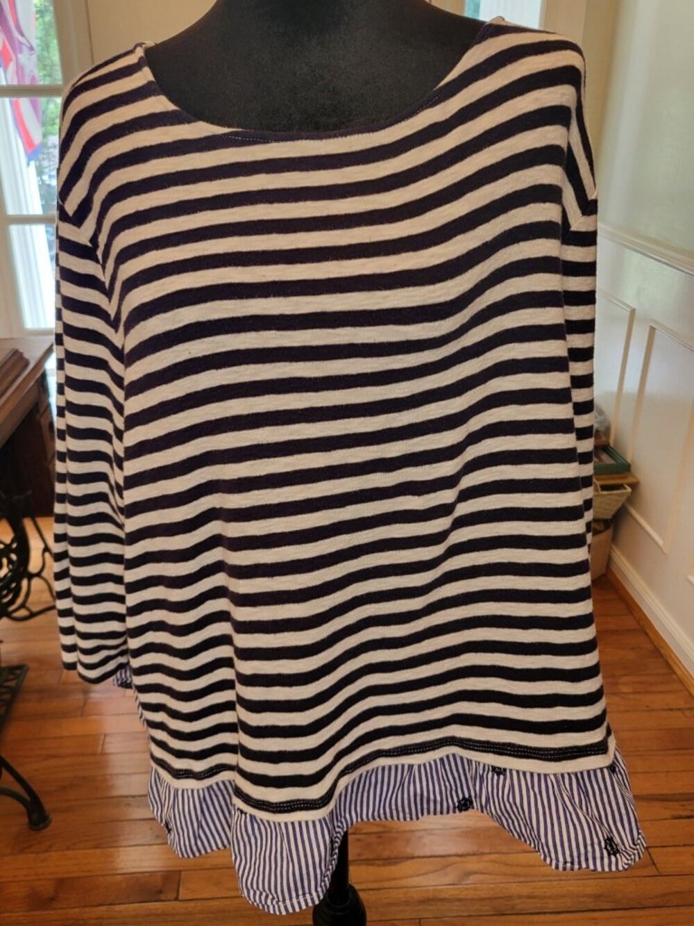 Talbots Navy White Stripe Slub Knit Top Ruffle Embroidery 3X Nautical Preppy